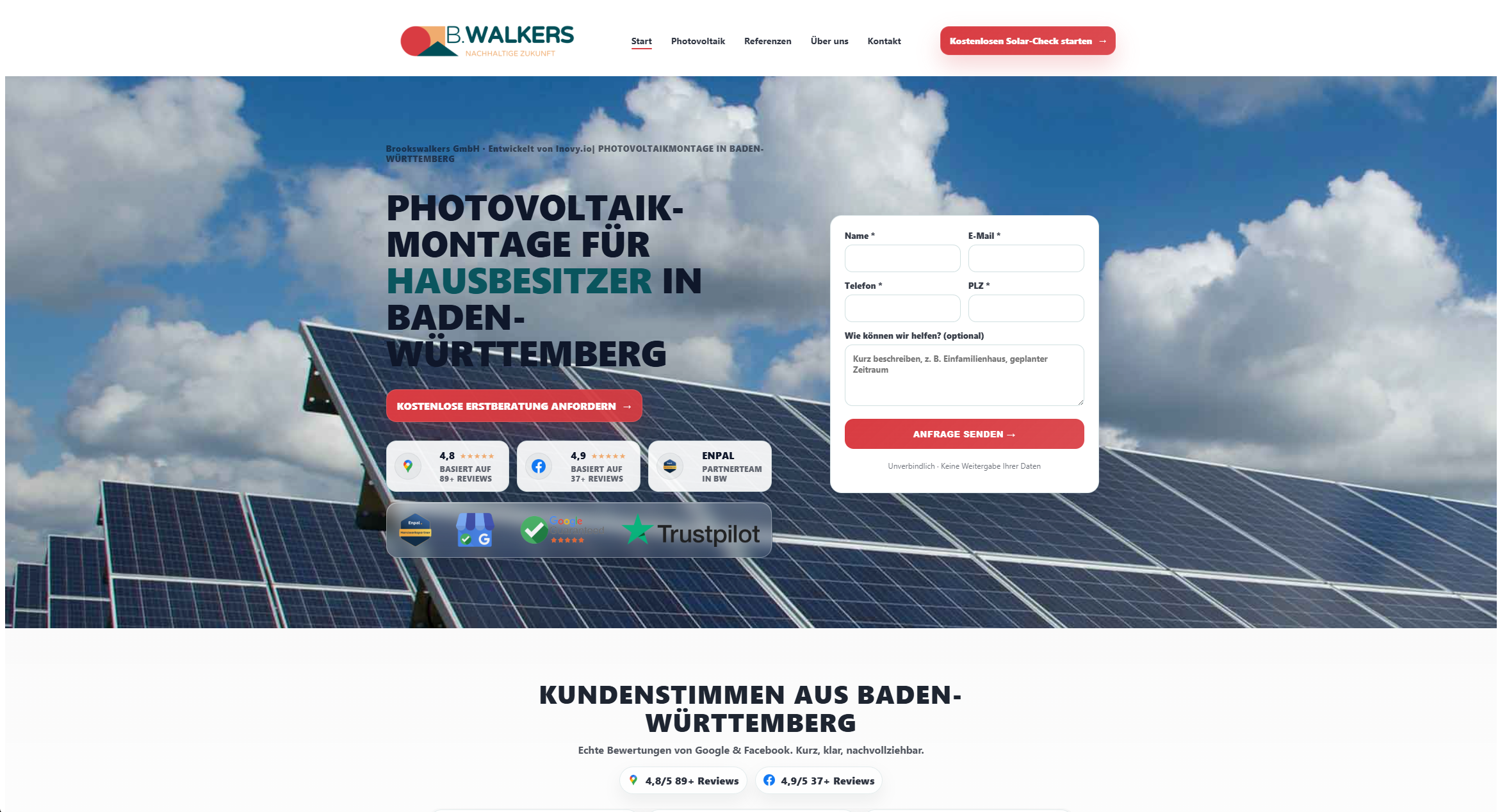 BrooksWalkers Webseitenvorschau f&uuml;r Solarmontagen